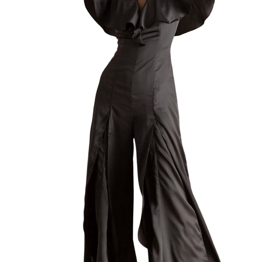 Andrea Iyamah Jumpsuit Black Wide Leg Ruffle Trim Size Small - Picture 3 of 11